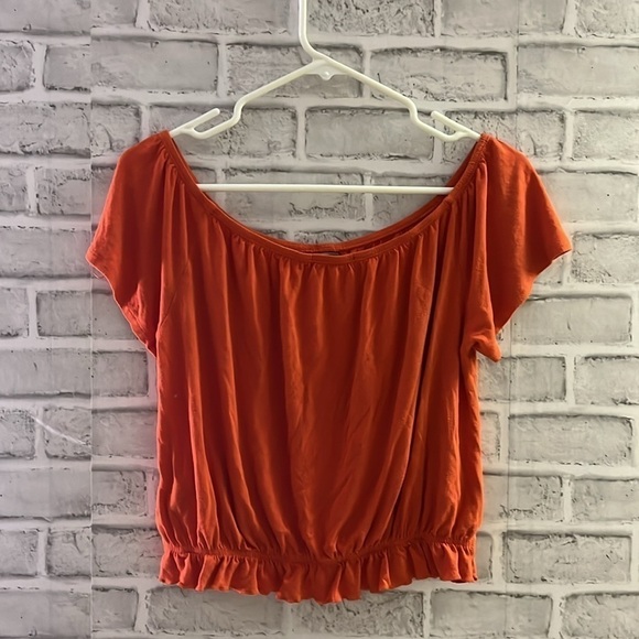 Suzy sheer off shoulder crop top orange size small, short sleeve - Picture 5 of 5